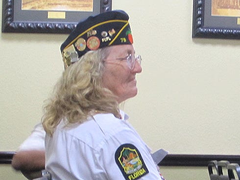 Deborah "Pinky" Jimison waits to address the Crestview City Council Monday evening about moving the city's Veterans Day parade to the actual holiday on Nov. 11.