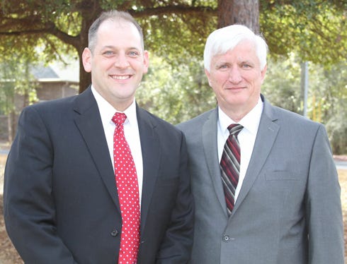 Fort Walton Beach Stake President Mike Roberts, left, is pictured with visiting General Authority and Elder J. Vaun McArthur of the Church of Jesus Christ of Latter-day Saints. The stake includes both Crestview congregations.