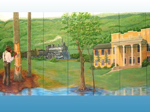 A mural at the Crestview Public Library depicts, from left, pioneer farmers, the turpentine industry, the railroad's arrival, and the original 1918 Okaloosa County courthouse in Crestview.