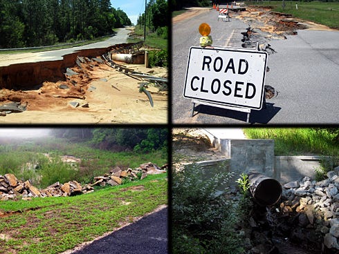 Clockwise from left:
A year after the April 2014 storm, Oak Hill Road remains impassable. Okaloosa County officials say FEMA should approve washout mitigation construction by this summer.
The west end of Sexton Drive in Baker remains washed out — nearly 3 feet in some places — while Okaloosa County awaits federal disaster money.
This new mitigation structure captures storm water from Brook Estates, lower culvert and water cascading down both sides of Airport Road, upper sluice. A section of Airport Road almost collapsed after the April 2014 storm.
Rip-rap protects part of Grandview Drive's causeway, where the April 29-30, 2014 storms washed out the bank and a chunk of the now-repaired roadway.