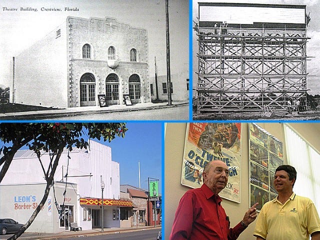 Clockwise from top left, The Crestview Theatre, Main Street’s first cinema, is depicted in this 1930s postcard. Workers construct the Dixie Drive-In, Crestview’s first drive-in movie theatre, on Juke Hill in the 1950s. J.T. Garrett, Gregory Peck's stand-in and driver during production of "Twelve O'Clock High," chats with Dallas film historian Clyde Ponder in front of a display of movie posters from the locally-shot film. The 1940s Fox Theatre is the last surviving Main Street movie house.