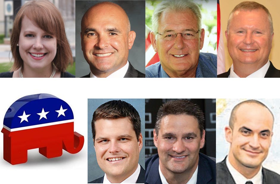 Republican candidates for Congressional District 1 who will speak at an Okaloosa Republican Club forum are, top to bottom, from left, Rebekah Johansen Bydlak, Cris Dosev, Greg Evers, Brian Frazier, Matt Gaetz, Mark Wichern and James Zumalt. The forum is 6:30 p.m. at hte American Legion in Fort Walton Beach.