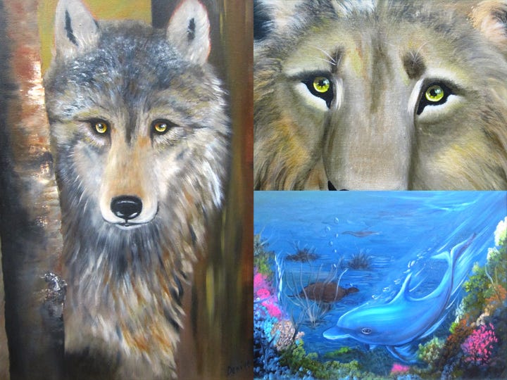Deni K., a supporter of the regional Seacrest Wolf Preserve, includes several paintings of the majestic animal in her "Walk on the Wild Side" exhibit at the Crestview Public Library. The eyes are the most captivating details on many of her animal paintings, including this lion, top right. Sea life depicted in Deni K's exhibit includes this dolphin, above.