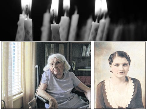 Left: McDonald Campbell sits by a front window of the Laurel Hill home in which she was born 99 years ago. Right: Campbell, photographed in the early 1930s while a Palmer College student, still remembers buying this dress at a "fancy department store" in DeFuniak Springs.