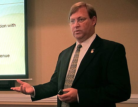 County Elections Supervisor Lux explains one of 11 proposed amendments to the Florida Constitution during a presentation at the Crestview Area Chamber of Commerce office.