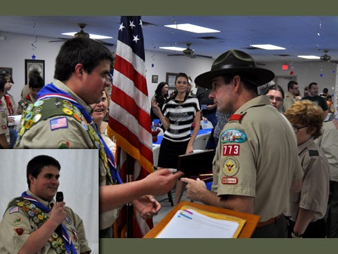 Main: Eagle Scout Brandon Woods — left, with Boy Scout Troop 773 leader Kelly Carrico — says scouting centers on teamwork, and earning Boy Scouts of America's highest rank doesn't mean he's leaving the troop.  
Inset: Woods — addressing attendees at his April 19 Eagle Court of Honor ceremony — says he's now working toward earning Eagle Palms.