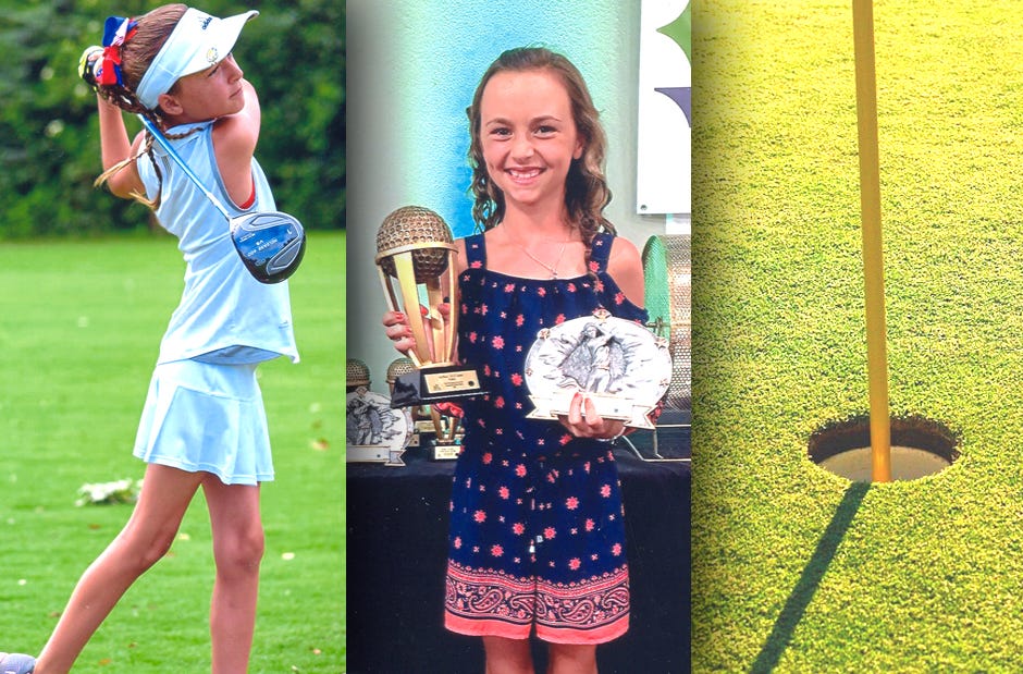 Right: Gracie Grant, 10, accepts her award as winner of the Divot Derby July 27 in Pensacola. She scored 39, 33 and 40 to win the golf tournament for the 10-11 age group.
Left: Crestview resident Gracie Grant, 10, works on her swing during a practice session this summer at Kelly Plantation Golf Course in Destin.