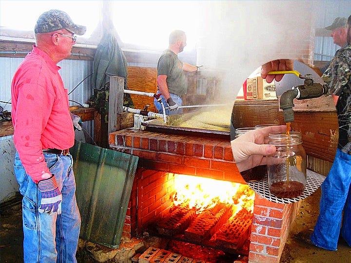 David Youngblood, left, grandson of his farm’s founder, oversees the hubbub of activity at the cane juice boiling pan during syrup-making day. Inset, Fresh, hot cane syrup flows from the collection tank into clean Mason jars.