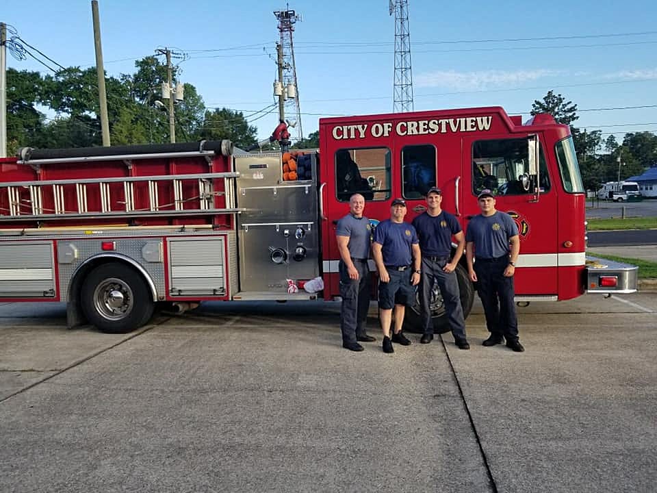 As Hurricane Dorian approached landfall on Florida's eastern coast, a local strike team was activated to assist the communities. Strike Team 1101 is comprised of several fire department agencies from the Florida Panhandle, including Crestview Fire Department, Okaloosa Island Fire Department, Navarre Beach Fire Rescue, and Pace Fire Rescue District. The firefighters representing the Crestview Fire Department are Senior Captain Matthew Cunningham, Lieutenant Bryce Callihan, Firefighter Clint Ratchford and Firefighter Ashton Lee.