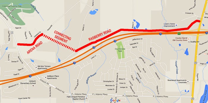 This map depicts the proposed Arena Road-Rasberry Road, east-west route between Antioch Road and State Road 85 in Crestview. The indicated connecting segment location is approximate, pending engineering studies and design.