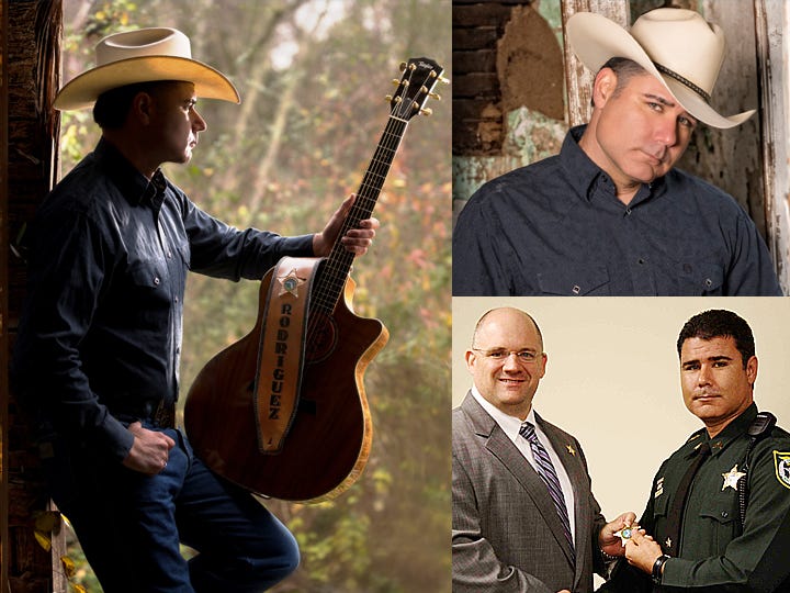 Crestview High alumnus Artie Rodriguez — Country Music People's featured performer for March — says traditional country music inspires him, and that's the style he sings. Lower right, Walton County Sheriff Mike Adkinson Jr. presents Artie Rodriguez — law enforcement officer by day, country singer by night — with his lieutenant's badge in 2011.