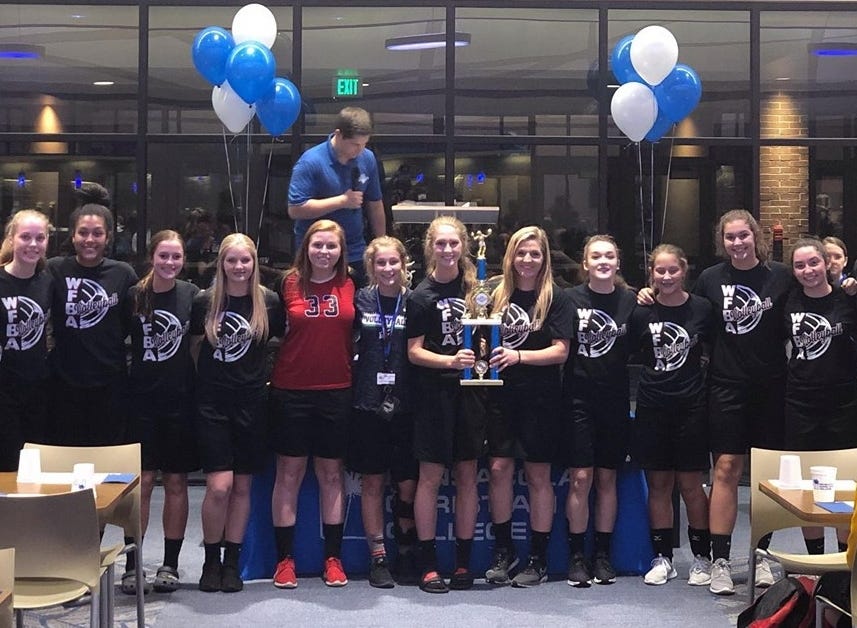The West Florida Lady Conquerors celebrated a victory during the Pensacola Christian College Eagles Volleyball Invitational tournament last weekend. [CONTRIBUTED PHOTO]