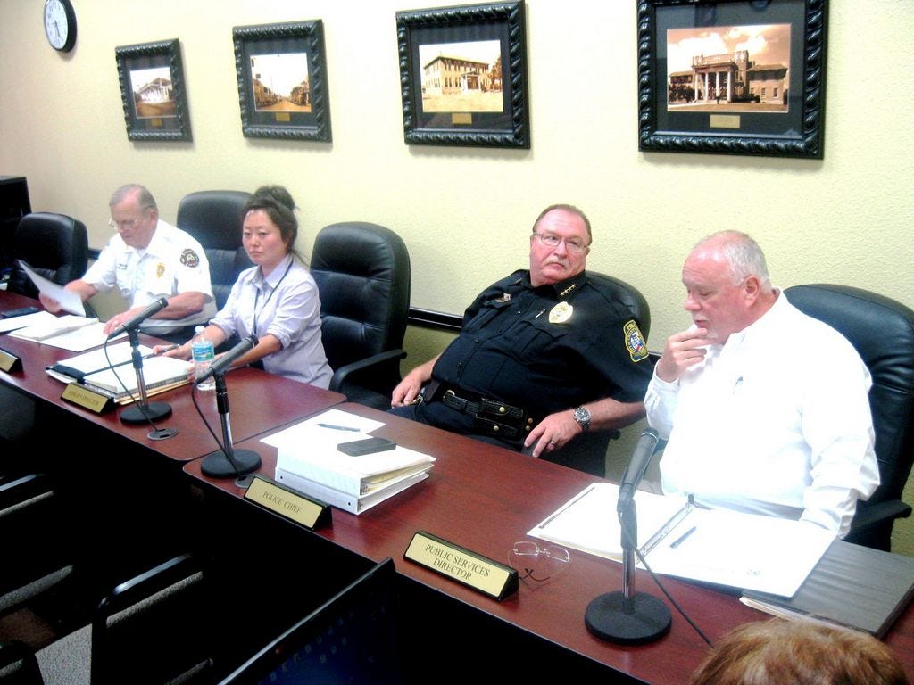 Crestview department heads Fire Chief Joe Traylor, Library Director Marie Heath, Fire Chief Tony Taylor and Public Works Director Wayne Steele review the city's preliminary 2016-17 budget.