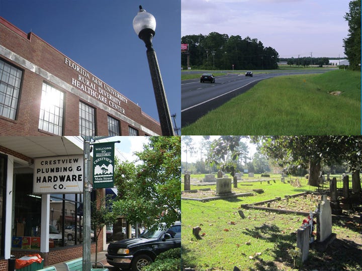 Clockwise from upper left, It may have FAMU's name on it, but to long-time locals, it will always be "the Alatex Building." Blueberry Curve, in local directions parlance, is "just up Highway 85 from Winn-Dixie." The long-gone Almirante community is remembered in institutions including Almarante Cemetery. "Ted Steele's hardware" is what long-time locals' call Crestview Plumbing and Hardware.