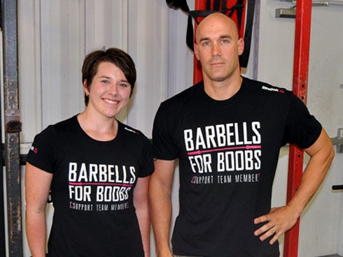 Chloe Collinsworth and Mark Purcell invite residents to work out while raising funds for breast cancer detection during the "Barbells for Boobs" fundraiser on Saturday morning at the CrossFit Crestview.
