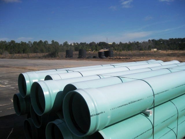 New pipe is stockpiled near Lowe's in January for use in the sewer line upgrade currently under construction in the area of North Okaloosa Medical Center and the home improvement store.