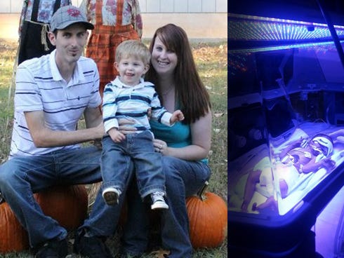 Left: The Sweeney family — including, from left, Jared; Aleksander, 2, and Crystal — seeks prayers and donations for medical expenses. Crystal, 26, is recovering from H1N1 influenza and pneumonia after giving birth to newborn Lainee. Right: Doctors prematurely delivered Lainee Sweeney — pictured resting in an incubator at Sacred Heart Hospital in Pensacola —by cesarean section last month due to her mother's H1N1 influenza and pneumonia diagnosis.