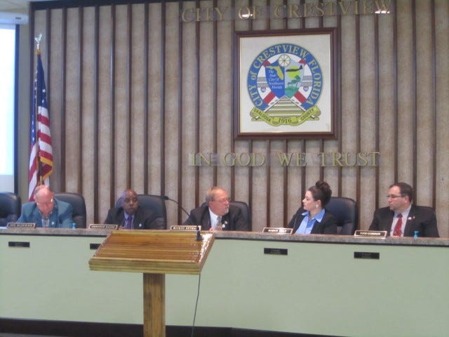 Members of the Community Redevelopment Agency, from left, Joe Blocker, Shannon Hayes, Mickey Rytman, Robyn Helt and Tom Gordon, discuss improvements to the district at the Monday evening meeting.