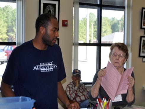 Louise Eastridge, with the AARP Tax Aide tax preparation program, assists Crestview resident Terell Burgess on Saturday at the Crestview Public Library. The program is available to low- and middle-income residents until April 15.
