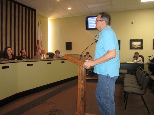 Resident Thomas Simms expresses his displeasure with the Crestview City Council Tuesday evening for failing to address problems that he said led to the city's current budget difficulties.