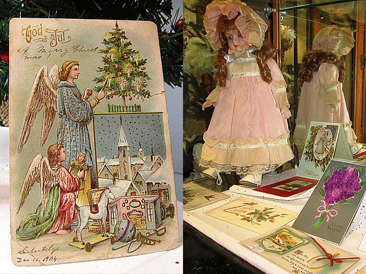 This Swedish Christmas card displayed at the Crestview Public Library, left, was originally sent in December 1904. Right, Victorian dolls decorate Lynn Lee's exhibit of antique holiday cards.