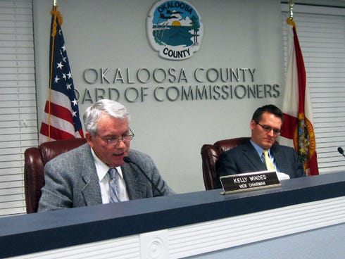 Okaloosa County Commissioner Kelly Windes, left, speaks in support of using gas taxes to fund widening the P.J. Adams Parkway-Antioch Road Corridor. Board Chairman Nathan Boyles, right, listens during the Monday evening meeting.