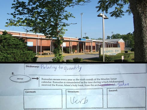 Laurel Hill School has pulled a vocabulary worksheet from English honors classes following a student's parents complaint that it referenced Islam without mentioning other religions. Bottom: Meg Dorsey says her son, Joshua, became frustrated after seeing references to Islam used in his honors English II vocabulary worksheet and made an editorial change before turning it in.