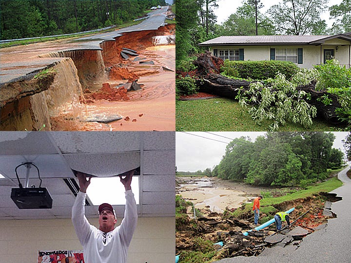 Clockwise from top left: Water washing down Oak Hill Road forms waterfalls as it flows over eroded roadway into Davis Mill Creek. A large oak tree lies across the front yard of Jim and Joyce White's Crestview residence. Jim said he and wife are thankful that it did not land on their home. Auburn Water System and Okaloosa Gas workers assess damage from a washout on Grandview Drive, overlooking former Lake Fred which drained when its east dam partially collapsed. Incoming Crestview High School Principal Dexter Day removes a soaked ceiling tile from one of the classrooms Wednesday morning following the Tuesday night storms.