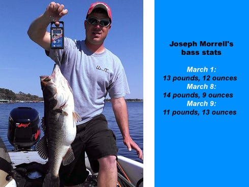 Joseph Morrell's 11-pound, 13-ounce bass was properly documented with a photo of the entire fish (head to tail) on the scale, with the weight visible, and then released at Kingsley Lake.