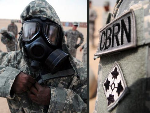 At left, U.S. Army Staff Sgt. Joshua Thornton, of Crestview, chemical noncommissioned officer, removes his chemical gear after conducting decontamination training last month at Camp Buehring, Kuwait. He is a member of the 204th Brigade Support Battalion, Headquarters and Headquarters Company, 2nd Armored Brigade, Combat Team, 4th Infantry Division. At right is the patch worn by Chemical, Biological, Radiological and Nuclear soldiers, who provided the training.