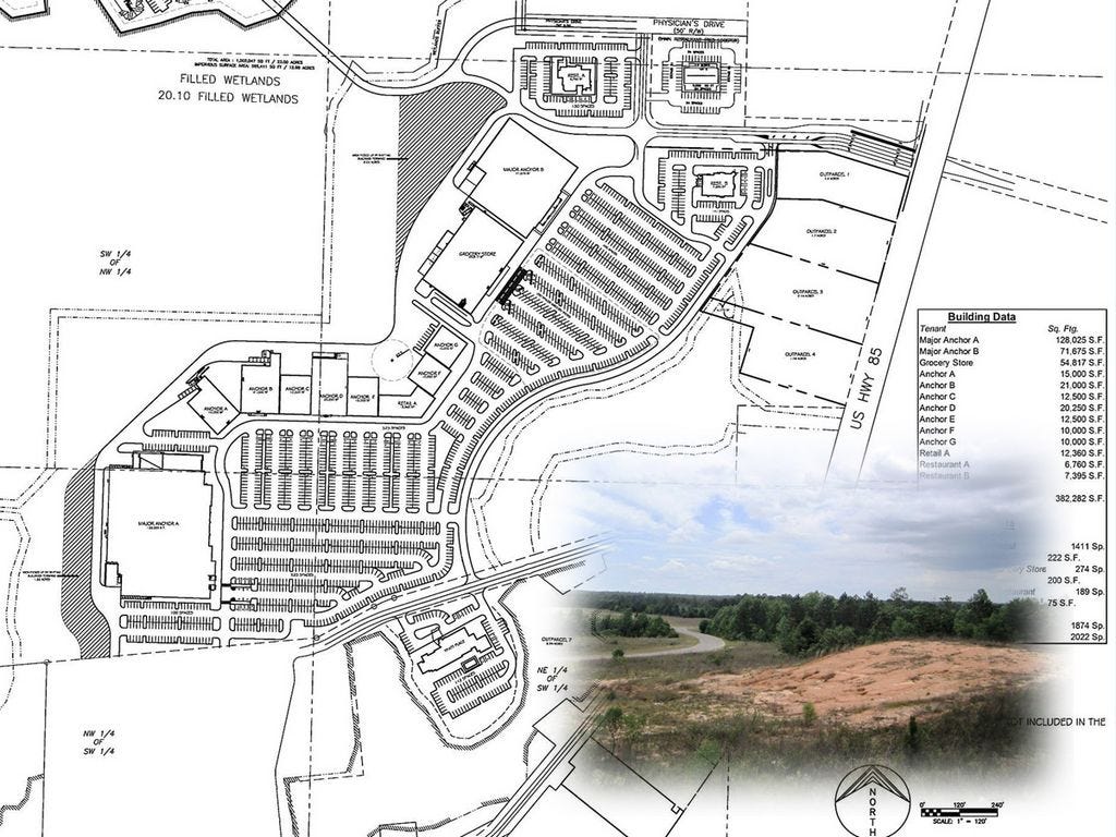 This vacant parcel west of Ryan's Steak House was planned to house the Crestview Power Center shopping mall, which would've included several anchor stores and chain restaurants, including one labeled on this site plan as "chain restaurant (Red Lobster)."
