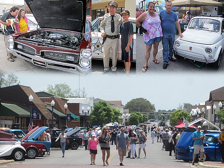 Top left: Todd and April Tucker and their dog Surfer admire a 1960s Pontiac GTO muscle car. Center: Ethan Gappy, 11, poses with J.T. Garrett who is costumed as TV police deputy Barney Fife, next to Garrett's 1960s police cruiser. Right: Cheri Bunyan and her dad, Jerry, stand by his 1972 Fiat 500L which was found preserved in a barn in Spain.