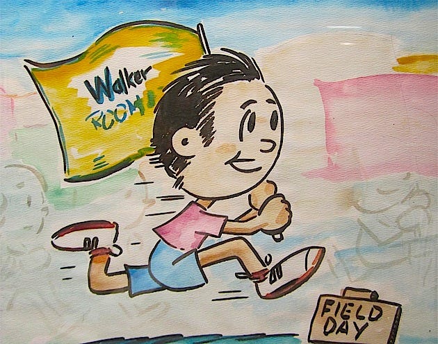 This champion field day runner is among caricatures by Bob Overturf on display in the Walker Elementary School main office.