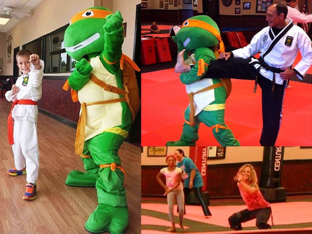 Clockwise from left, Rylan O’Quinn practices taekwondo forms with a visiting Ninja Turtle during Saturday's Do it for Drew fund-raiser at Gordon Martial Arts in downtown Crestview. Master Greg Bledsoe matches taekwondo moves with the Ninja Turtle. Mary Valdez, third from left, conducts a Zumba exercise class.