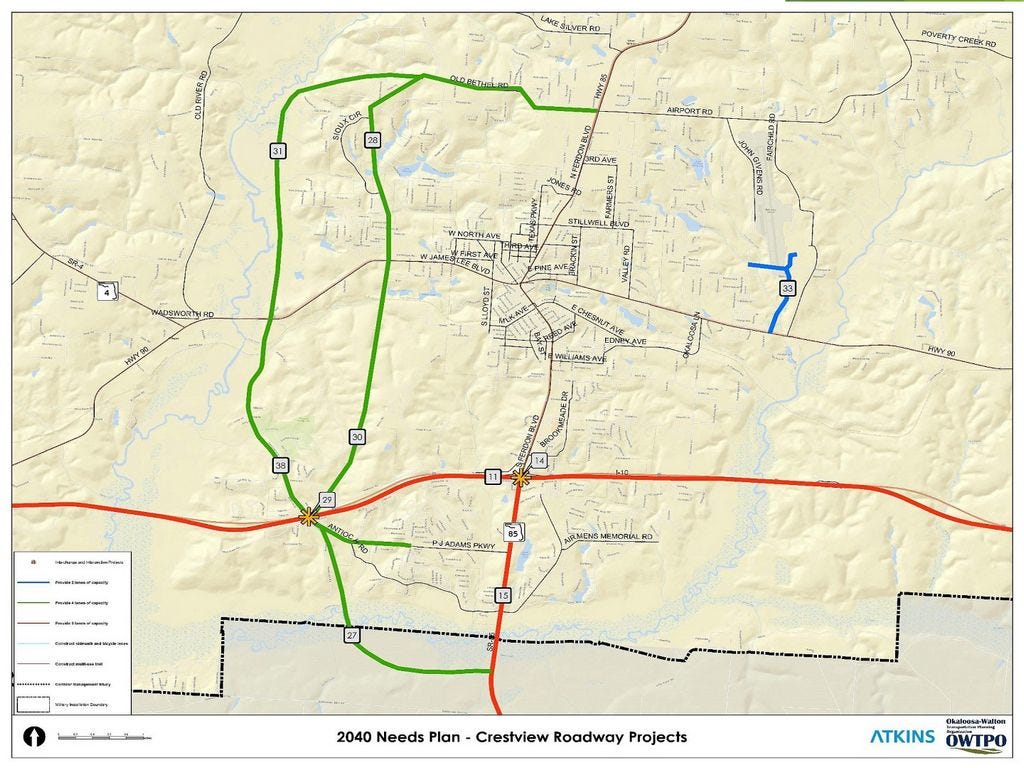 This Crestview-area map shows preliminary long-range transportation planning projects. Roads in red are proposed for six-laning; roads in green could become four-laned. Two alternate ideas for a northwest bypass are shown: only one would be constructed.