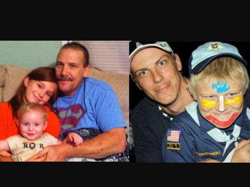 At left are Bruce Akers and his grandchildren Jazmine, 10, and J.T., 1. At right are Michael Ayers and his son, Kyle.