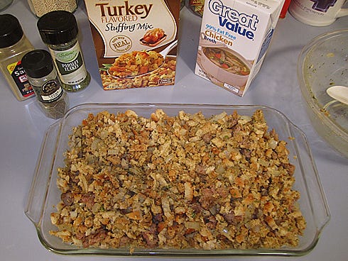 With everything going on Thanksgiving Day, it’s OK to cheat some. Jazz store-bought stuffing mix with crumbled sausage and sautée it with onions and a few spices.