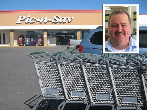 Some of the Crestview Pic-N-Sav's 100 new shopping carts are gathered in one of the store's corrals. The supermarket reports an unusually high cart theft rate, which may cause a price increase, according to Pic-n-Save manager Andy Harrelson, inset.