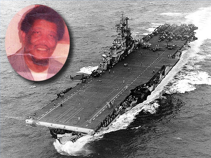 Albert Flowers Sr., pictured in the 1980s, defended the U.S.S. Intrepid — pictured in 1944 — from a kamikaze attack.