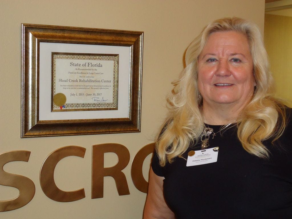 The Florida Agency for Health Care Administration has presented Shoal Creek Rehabilitation Center in Crestview with the Governor's Gold Seal Award. Eight other long-term care facilities received the award. Executive Director Debbie Montenaro — pictured, with the award in the entry way — thanked the staff during a Thursday afternoon appreciation celebration .