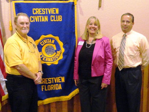 Chuck Rice, Montgomery Civitan Club president; guest speaker Peggy Brockman; and Joe Faulk, Crestview Civitan Club secretary, attended the June 12 Crestview Civitan Club meeting at Coach-N-Four. Rice acted as CCC president for the meeting.