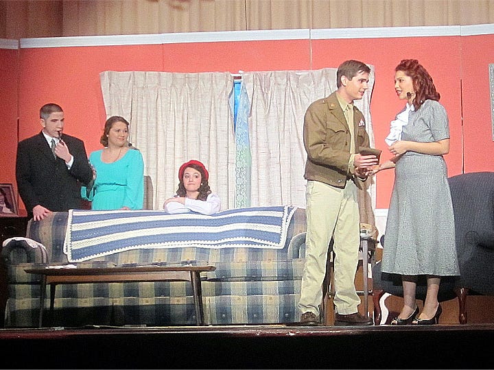 Complications arrive in the Wilkins home in the person of Lt. Bill Seawright in the Crestview High School production of "Dear Ruth." From left are Michael Brooks as Judge Wilkins, Katie Rocha as Edith Wilkins, Megan Keiffer as Miriam, Wesley Barlow as Lt. Seawright, and Jill Cumbia as Ruth.