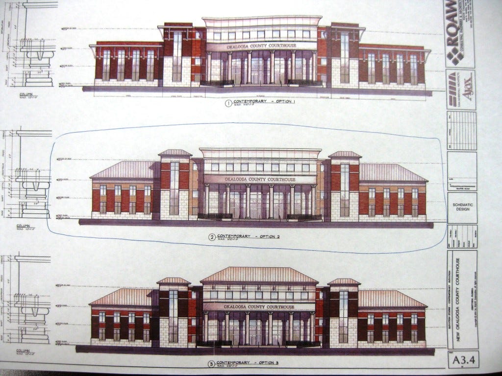 The Crestview Historic Preservation Board chose the center of these three façade renderings for the new Okaloosa County courthouse to be built at the head of Main Street.
