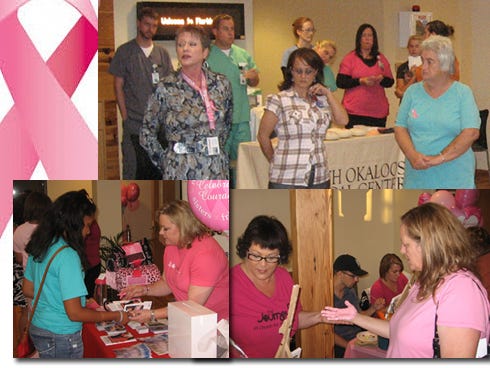 Clockwise from top: From left, Lizzy Swanson shares her experience with breast cancer while standing beside fellow survivors Tami Fowler and June Busbee during "Paint-It Pink" Oct. 10 at Florida A&M University pharmacy school. Sandra Peters paints the palm of Sabrina Sturdirant pink at the Journey Java Connection table. Leah Lunderman, left, receives free information from Chris Patton at the Belk table.
