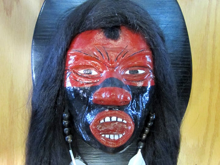 Romaneth Blackwood’s exhibit of original masks and artifacts at the Crestview Public Library includes a depiction of the Indian warrior Red Bull.