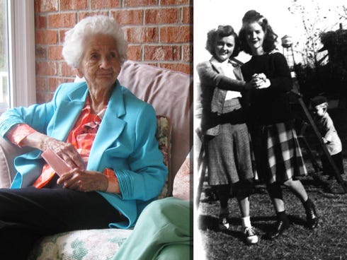 Edna Gella, left, who turned 90 on March 19, celebrated her birthday Saturday at a party with family and church friends, including Bertie Ann Curenton. (BRIAN HUGHES | News Bulletin) 
In one of her favorite photos, Edna Gella, left, clowns around with her sister-in-law, B.J. McCauley, during 1943 in Jacksonville. (DENNIS MITCHELL | Special to the News Bulletin)