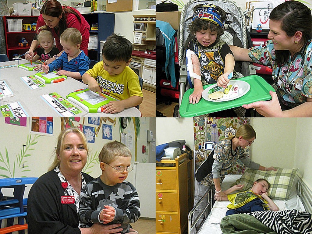 Clockwise from top left: Medical technician Natasha Andrus supervises a group of medically complex children as they draw on erasable tablets at Caring Hearts. Registered nurse Emily Loflin helps a boy decorate Christmas cookies as he undergoes an infusion at Caring Hearts. Licensed practical nurse Angela Pocock tends to a bedridden child. Caring Hearts administrator and Director of Nursing Connie Irwin hugs one of the facility’s 28 medically complex children.
