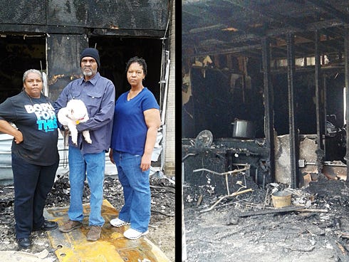 Alicia and McCordia Isom — holding the family’s dog, Cotton Candy — and Alicia’s sister, Pam Morris, are homeless after a Friday fire destroyed their apartment.