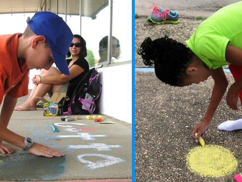 Under his mother, Anna Summers', watchful eye, child category winner Riley Sandoval uses water to erase an imperfection from his Pokémon sidewalk art. Tayler Welch, 11, begins her flower drawing after finding her canvas' geographic center.