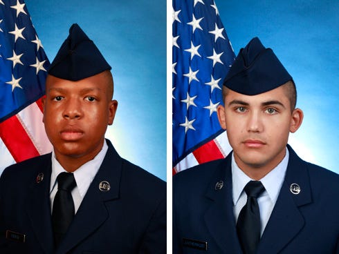 Airmen Jess Fisher, left, and Michael Leatherwood